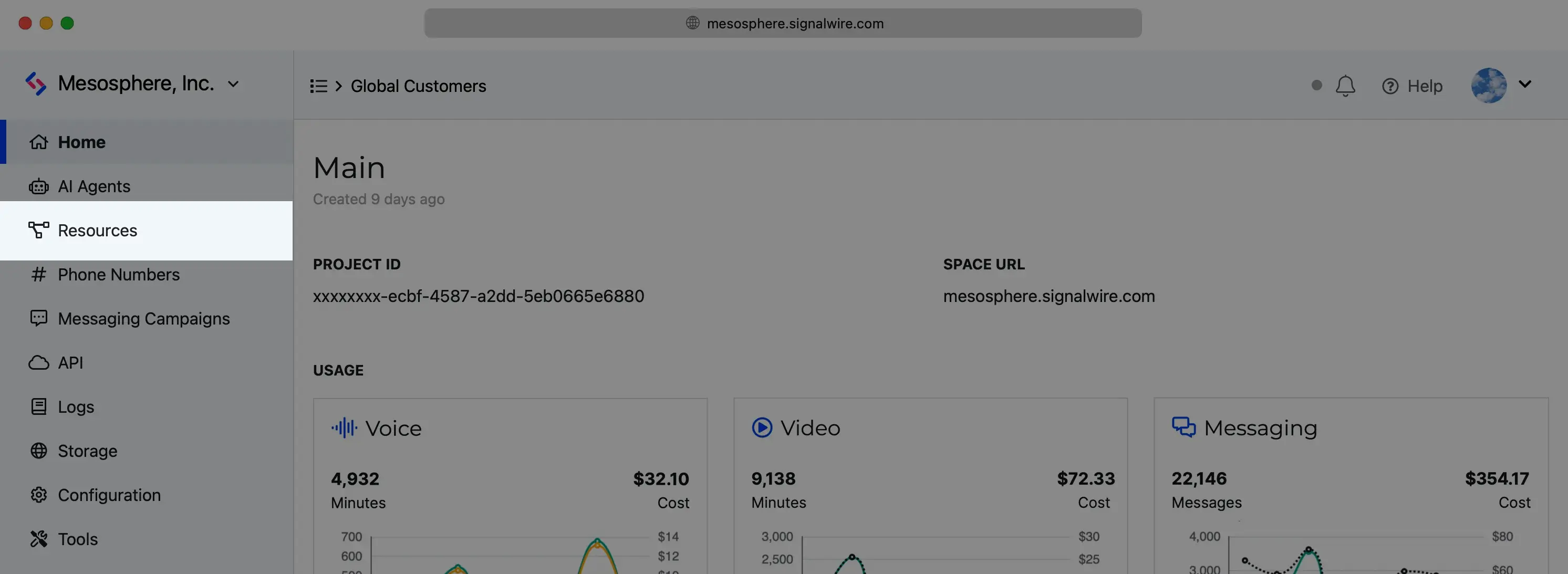 The Resources tab of the SignalWire Dashboard.