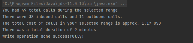 A screenshot of console output showing quick summary statistics including total calls in the selected range numbers of inbound and outbound calls, total cost of calls, and total duration.