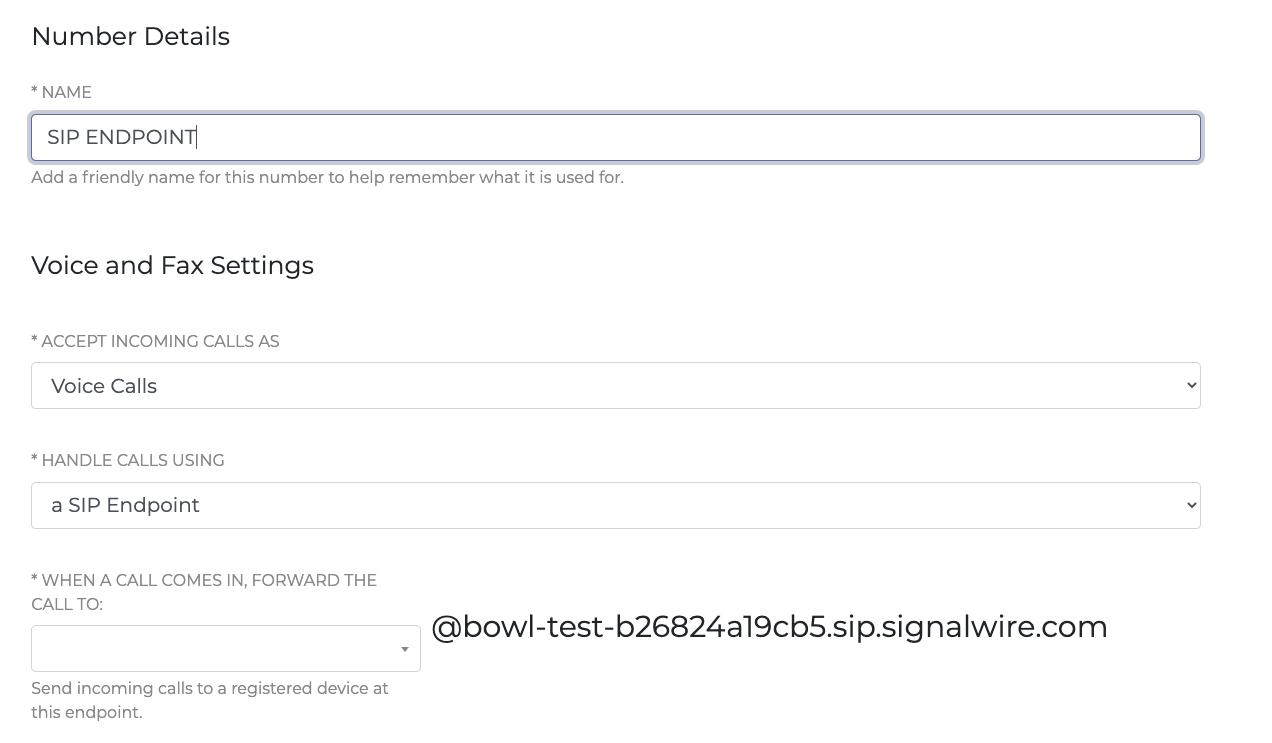 The Phone Numbers tab of a SignalWire Space. The selected number is named 'SIP Endpoint'. It is set to accept incoming calls as 'Voice Calls' and handle calls using 'a SIP Endpoint'.